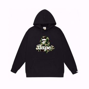 BAPE Black Hoodie with green camouflage ape head