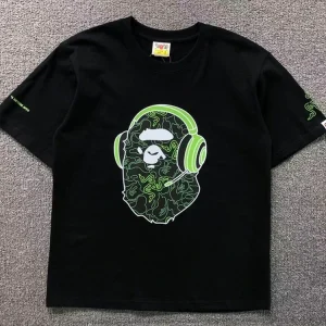 A Bathing Ape Ape Head Green Headphones Black T Shirt